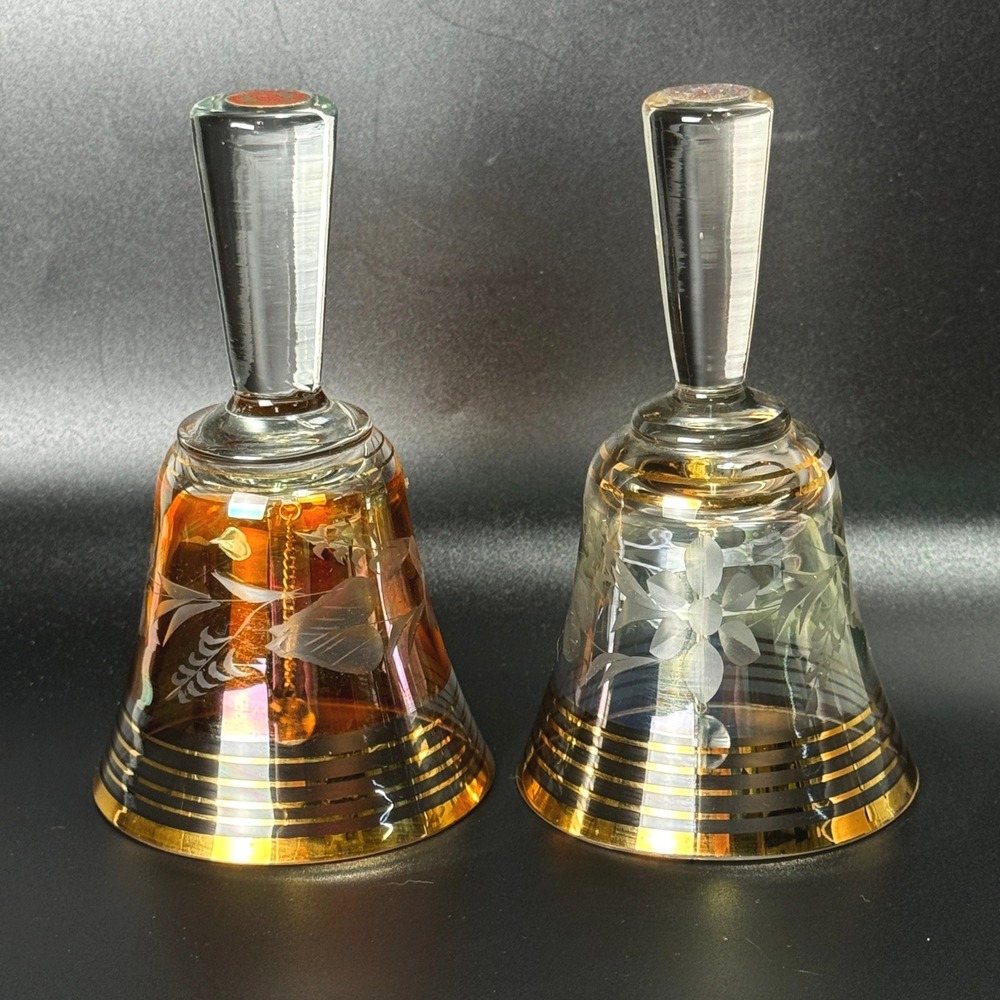 Vintage Yugoslavia Glass Dinner Bells Pair Etched Floral Gold Trim Paracin Label
